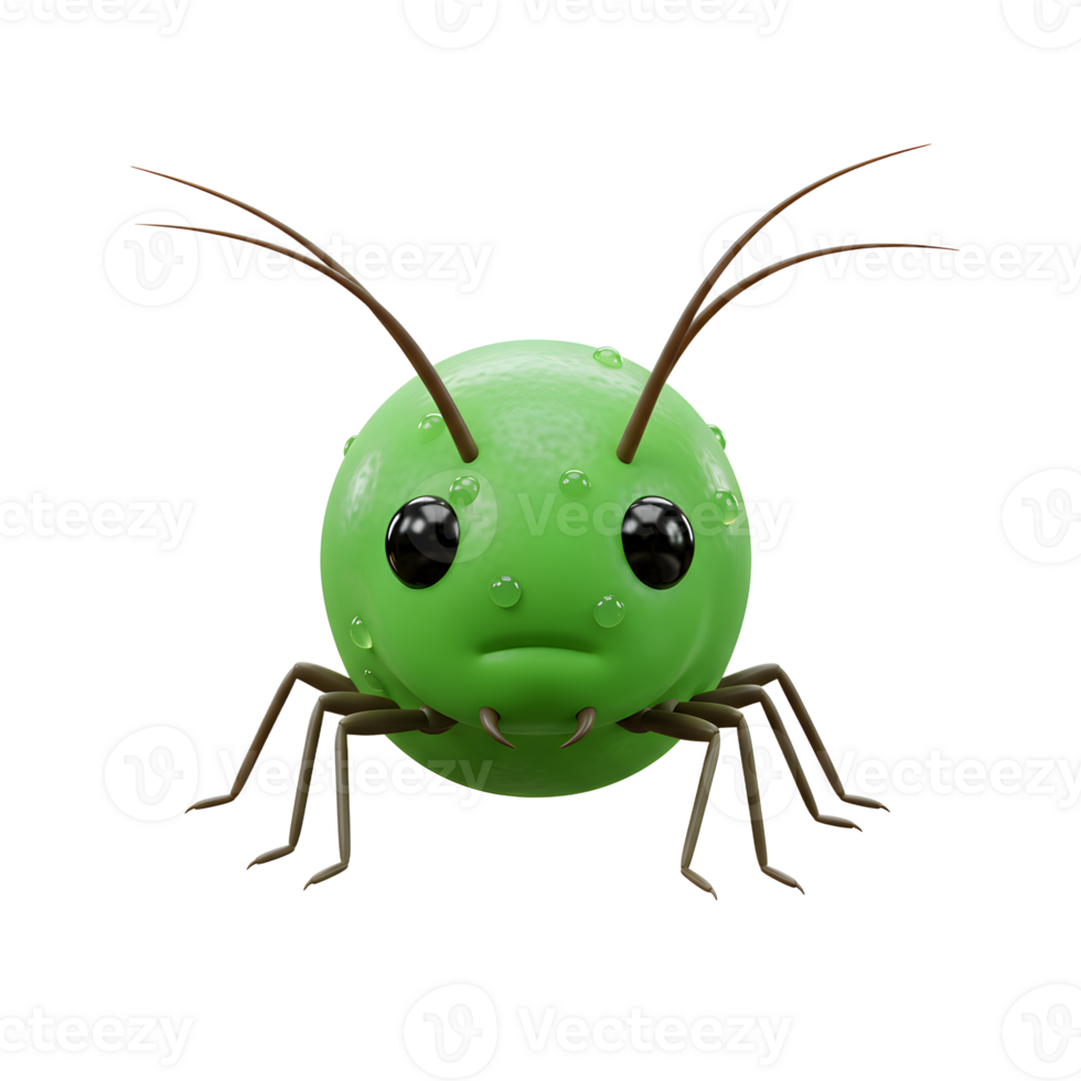 Meet this charming, dew-kissed green insect Its large eyes and tiny legs add to its endearing cartoonish appeal. A whimsical and cute 3D creation. png