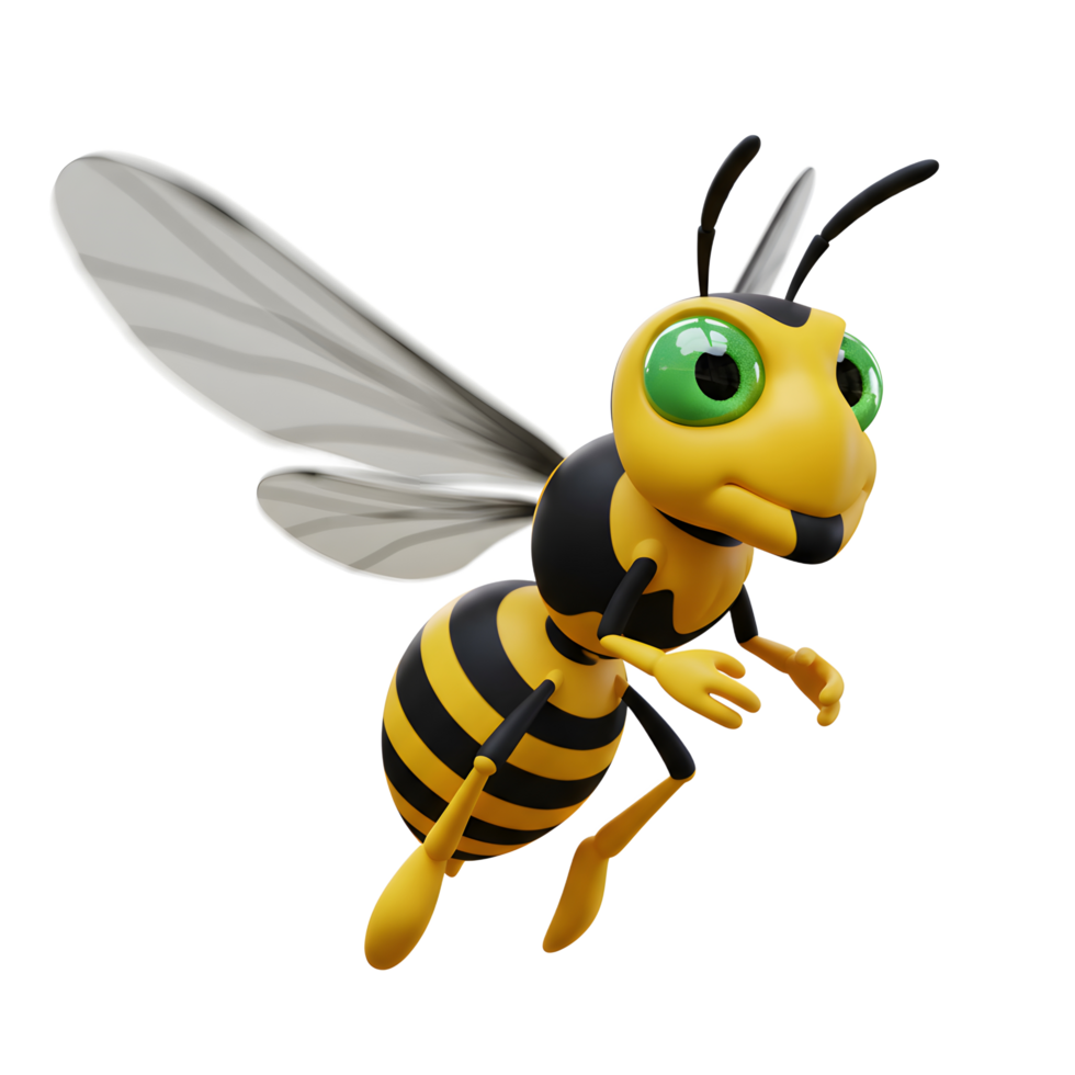 A cheerful cartoon wasp zooms through the air, its bright yellow and black stripes contrasting against its translucent wings. A fun, playful image png