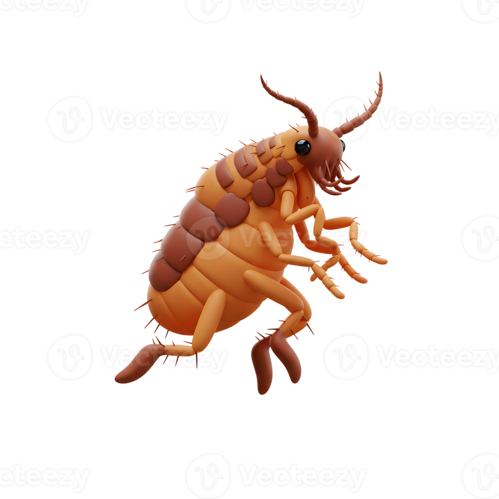 A charming 3D-rendered flea leaps across the screen, its orange and brown segments catching the light. The playful style creates a whimsical mood. png