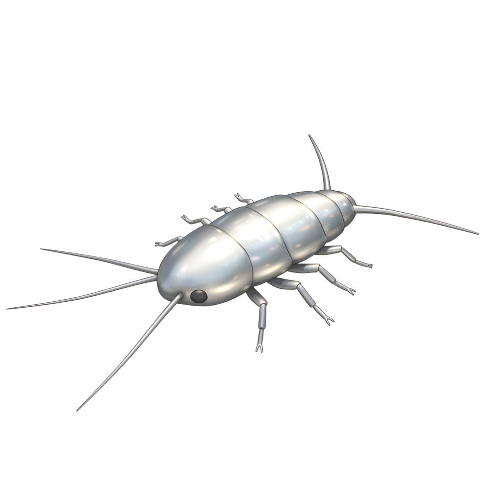 A gleaming, metallic silverfish, rendered in chrome, crawls across a stark white background. Its segmented body and delicate antennae are detailed, creating a surreal, almost robotic, effect. png