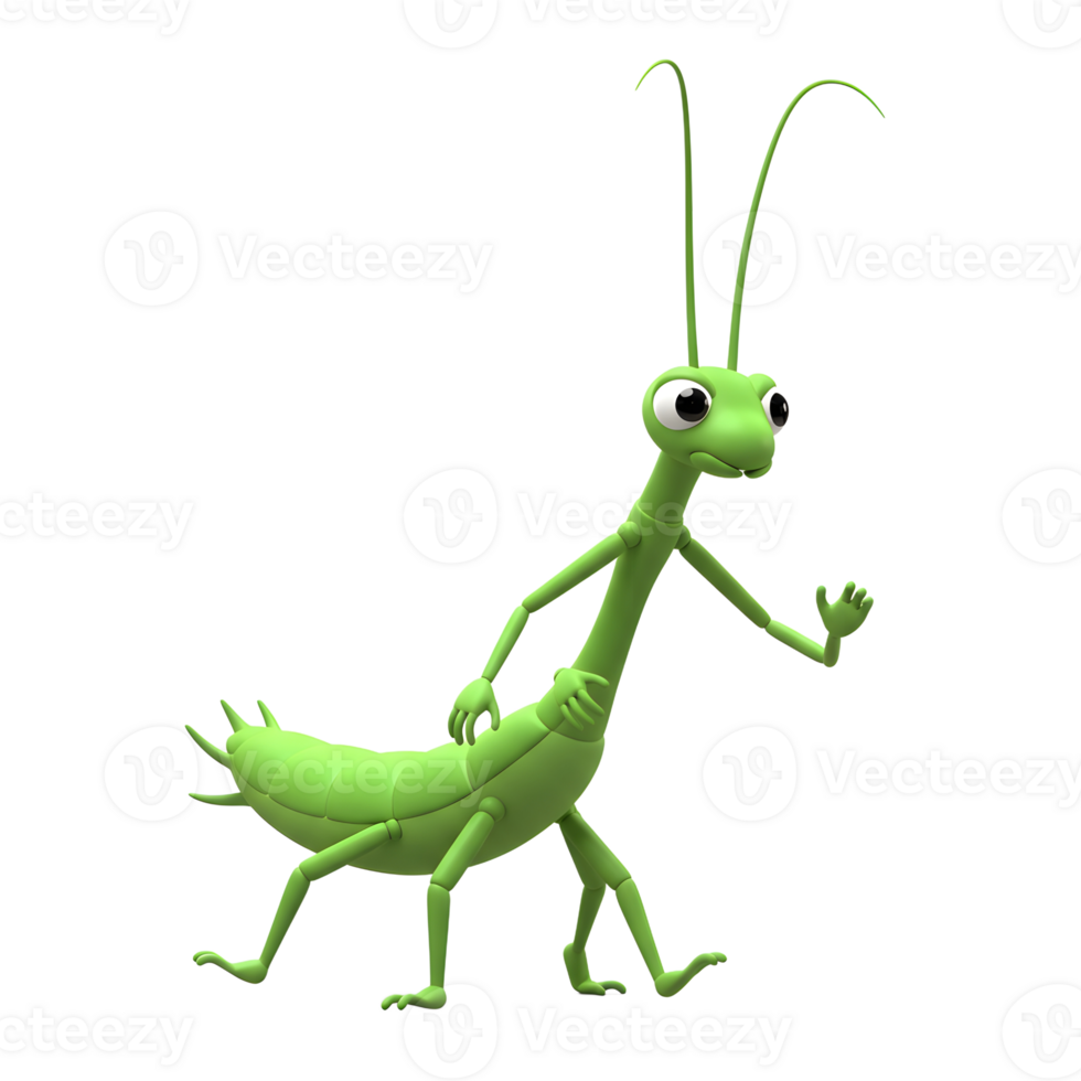A charming, green stick insect strolls across a white background, its long legs and antennae creating a playful, cartoonish feel. A delightful, simple design. png