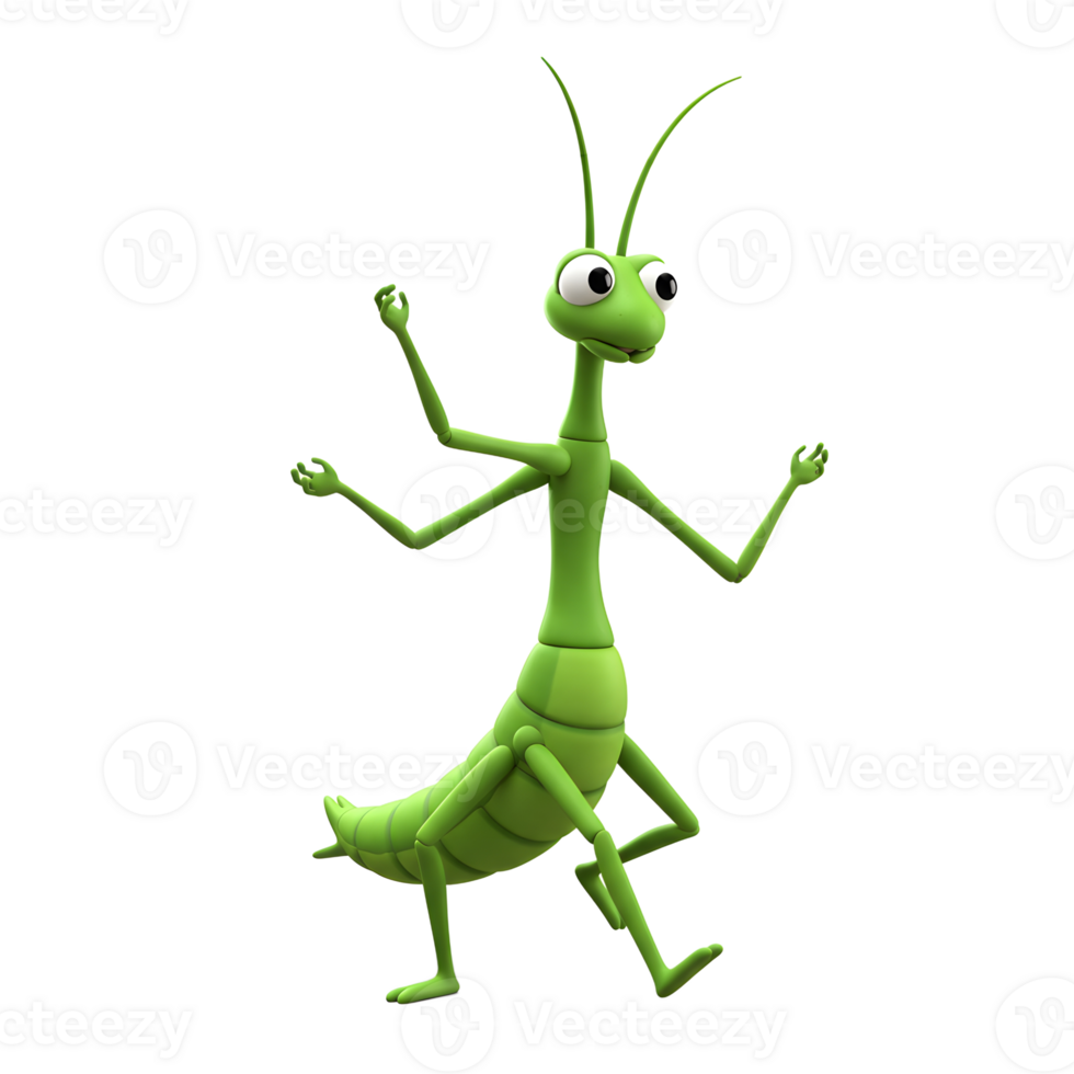 A cheerful green mantis strikes a playful pose, its long limbs playfully outstretched. A charming, cartoonish depiction with a lighthearted mood. png