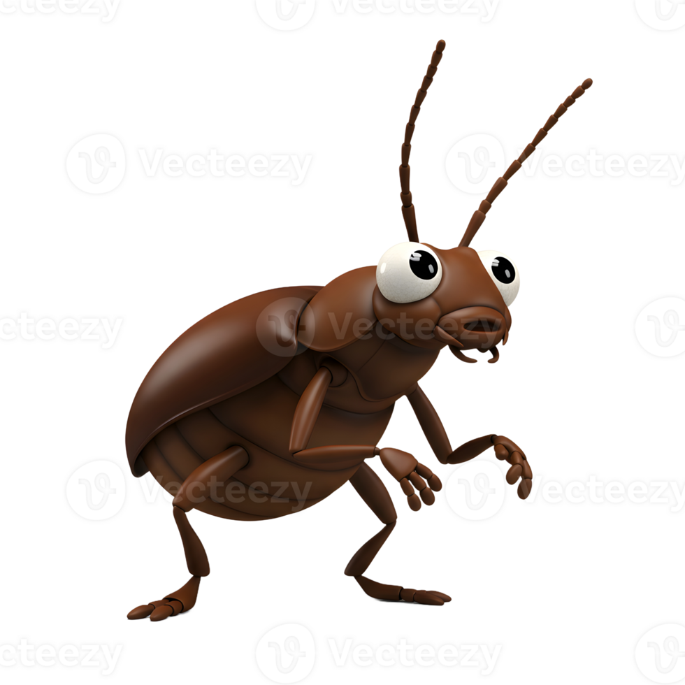 A charming cartoon beetle, rendered in 3D, stands poised with curious, large eyes. Its smooth, brown body and expressive features create a friendly and playful mood. png
