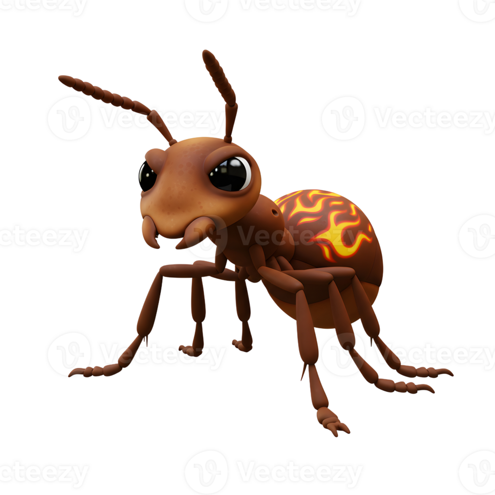 A cute, cartoon ant with a fiery back design Big eyes and chunky legs make this 3D render fun and friendly. It's got a playful, slightly mischievous vibe. png