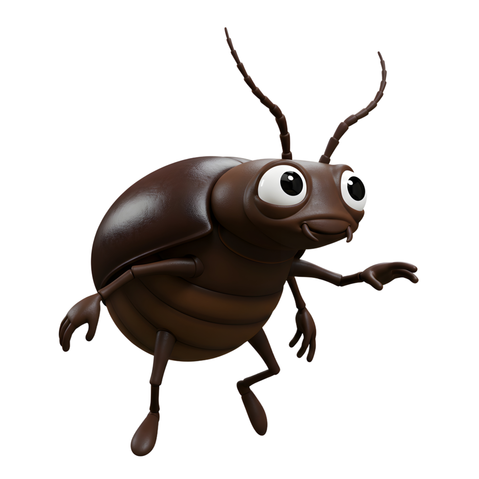A charming brown beetle, rendered in a cheerful 3D cartoon style, playfully gestures with one leg. Its large eyes and rounded body exude friendliness and whimsy. png