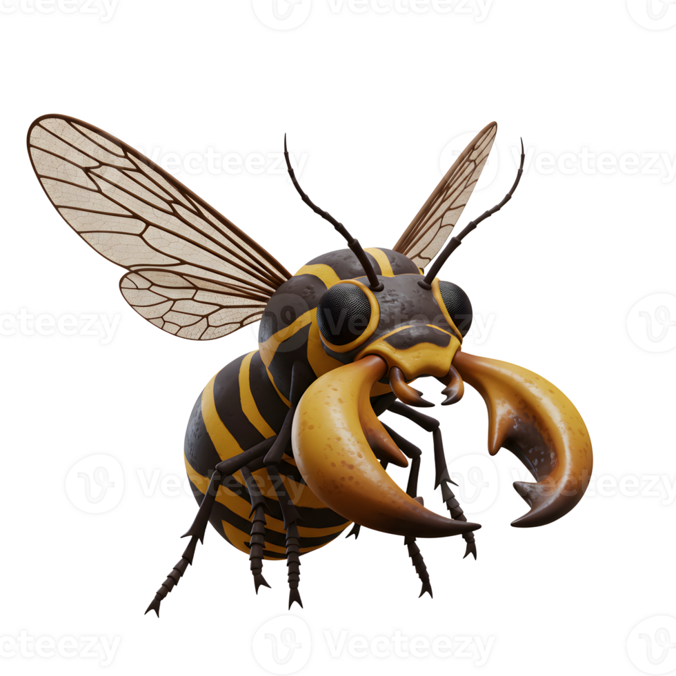 A playful, 3D-rendered wasp with large claws dominates the scene. Its vibrant yellow and black stripes contrast beautifully against a white background. A whimsical and bold illustration. png