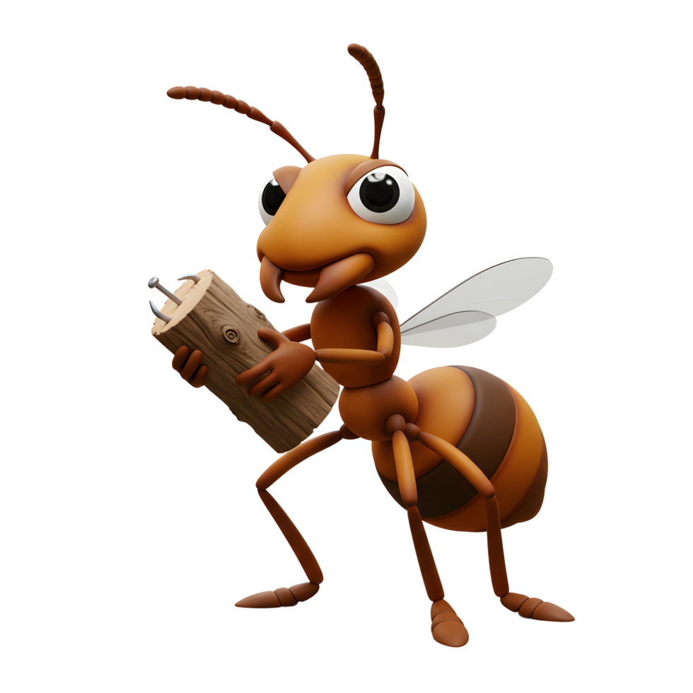 A cheerful cartoon ant proudly holds a small log, its large eyes sparkling with mischief. The scene is lighthearted and charming, showcasing a playful 3D animation style. png
