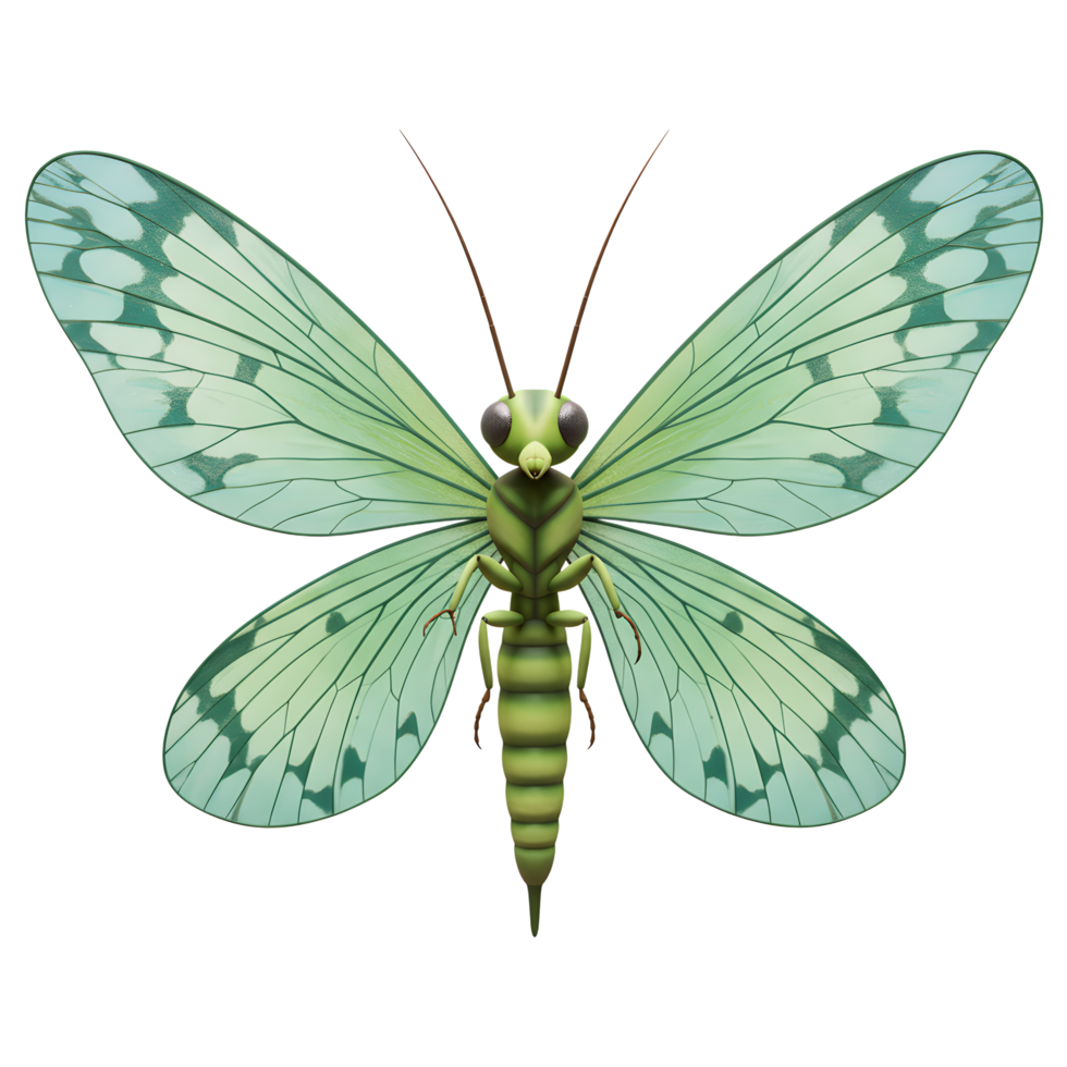 A captivating illustration of a green insect with intricately detailed, translucent wings. Its serene pose and soft color palette evoke a calming, whimsical mood. png