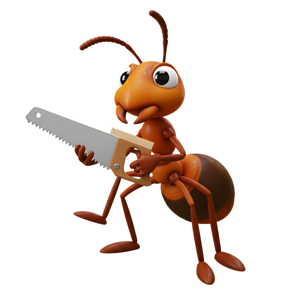 A cheerful cartoon ant proudly holds a tiny hand saw, ready for its next project Its bright orange body and big eyes add to the fun, whimsical mood. png
