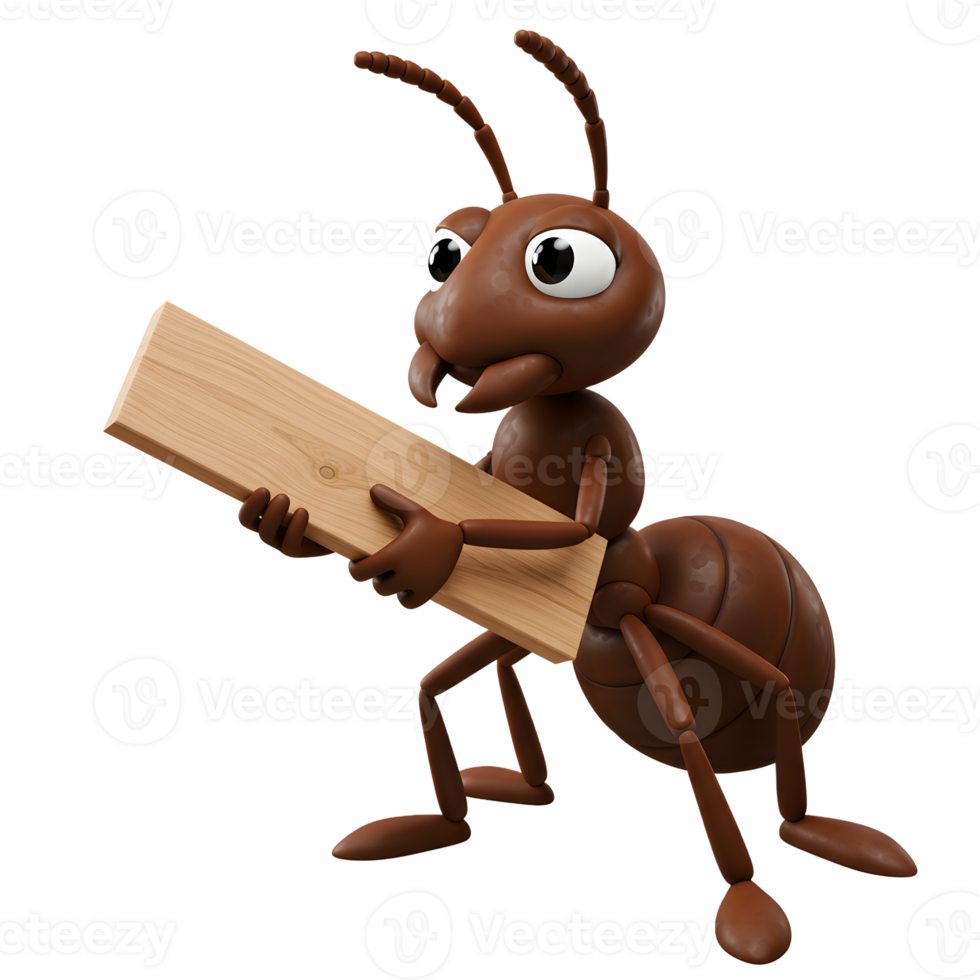 A charming cartoon ant, brown and friendly, proudly carries a light wood plank. Its big eyes and jovial pose create a fun, whimsical scene. png