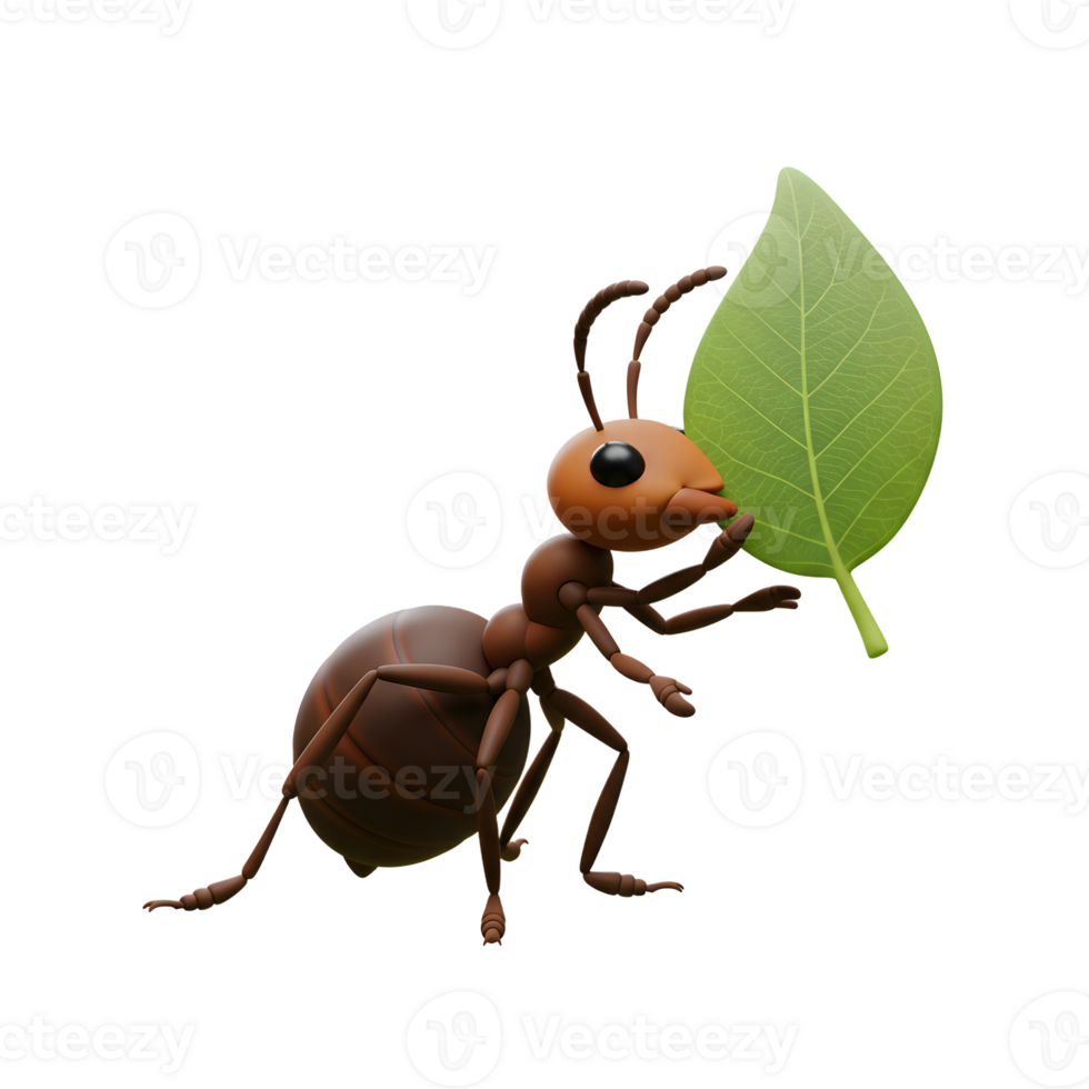 A charming 3D cartoon ant joyfully carries a vibrant green leaf. Its glossy brown body and cheerful pose create a playful, nature-loving mood. png