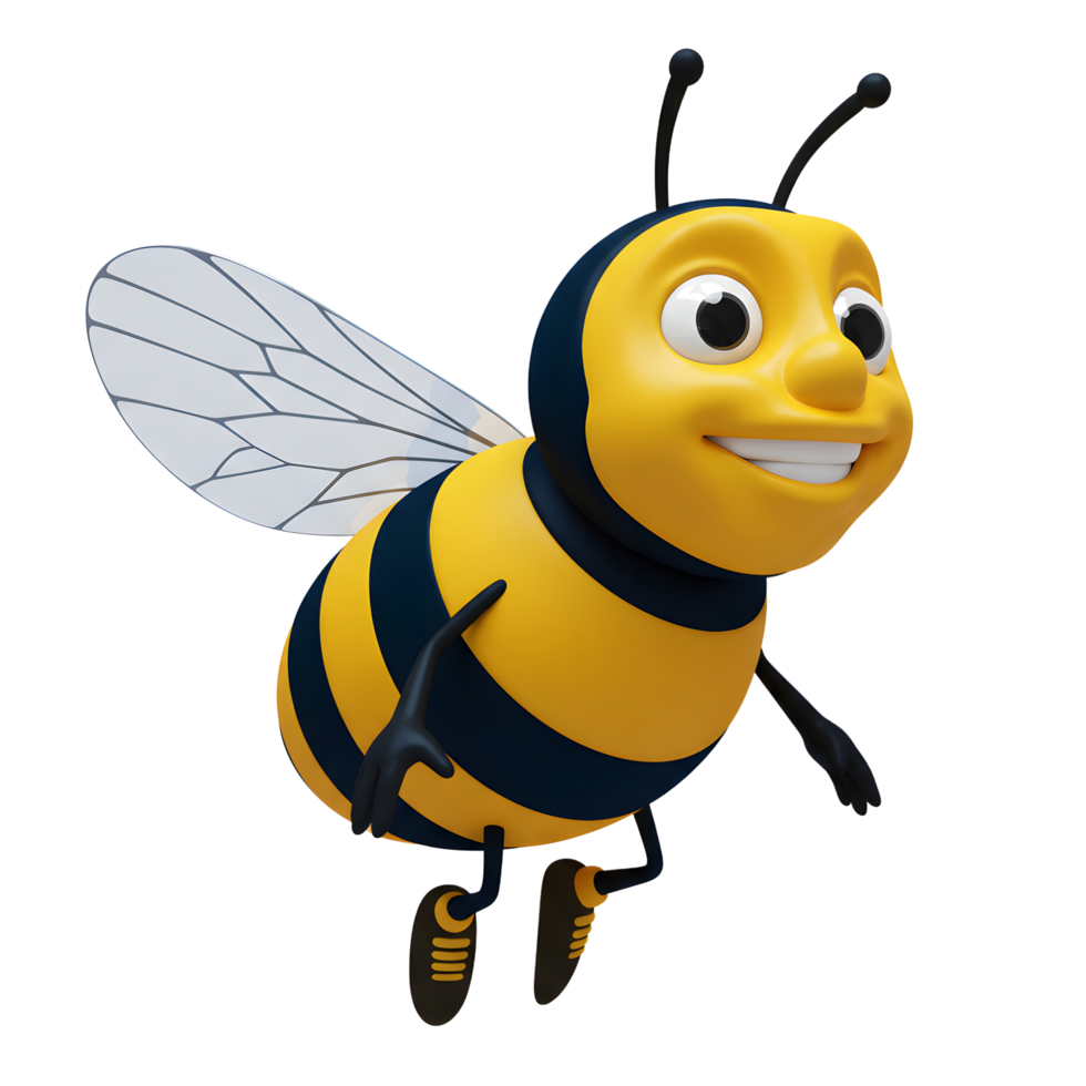 A happy cartoon bee takes flight, its yellow and black stripes gleaming. Big eyes and a smile add to its cheerful demeanor. A fun, friendly image png