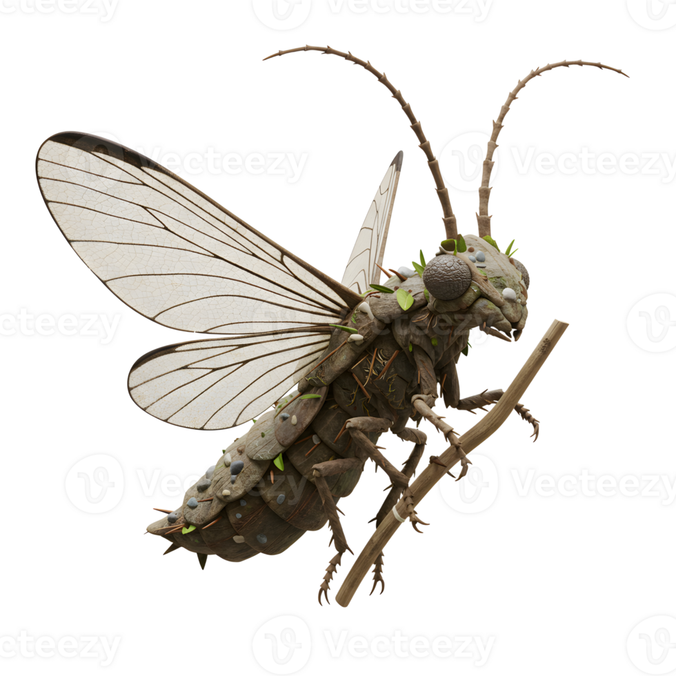 A captivating insect sculpture crafted from stone, wood, and foliage. Its intricate details and earthy tones evoke a serene, natural mood. png