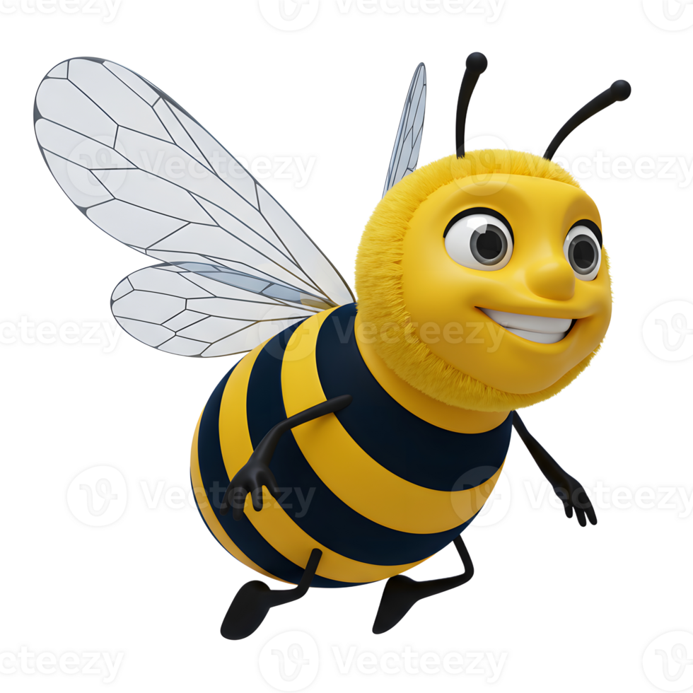 A happy, fuzzy bee zooms through the air, its wings a blur. Yellow and black stripes, big eyes pure joy png
