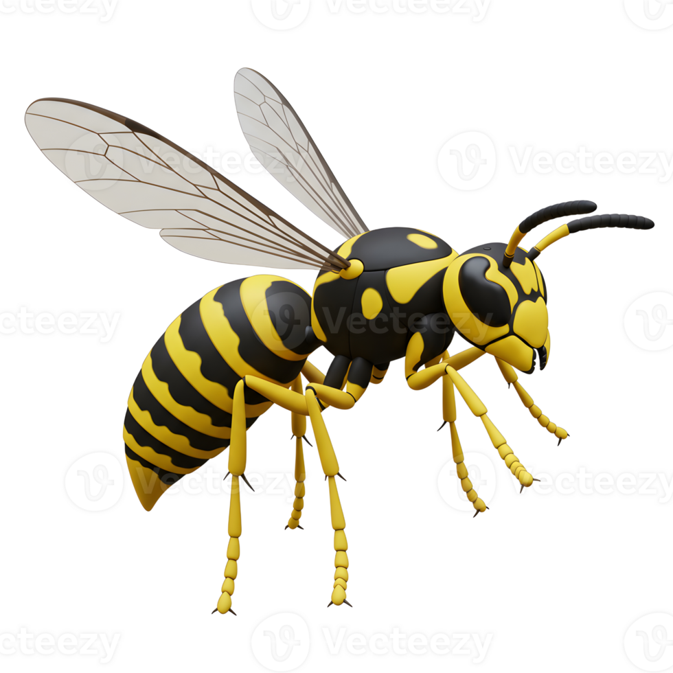 A striking 3D rendering of a wasp, its yellow and black stripes sharply defined against a white background. The insect appears poised for flight, a sense of energy and vibrancy in its pose. png