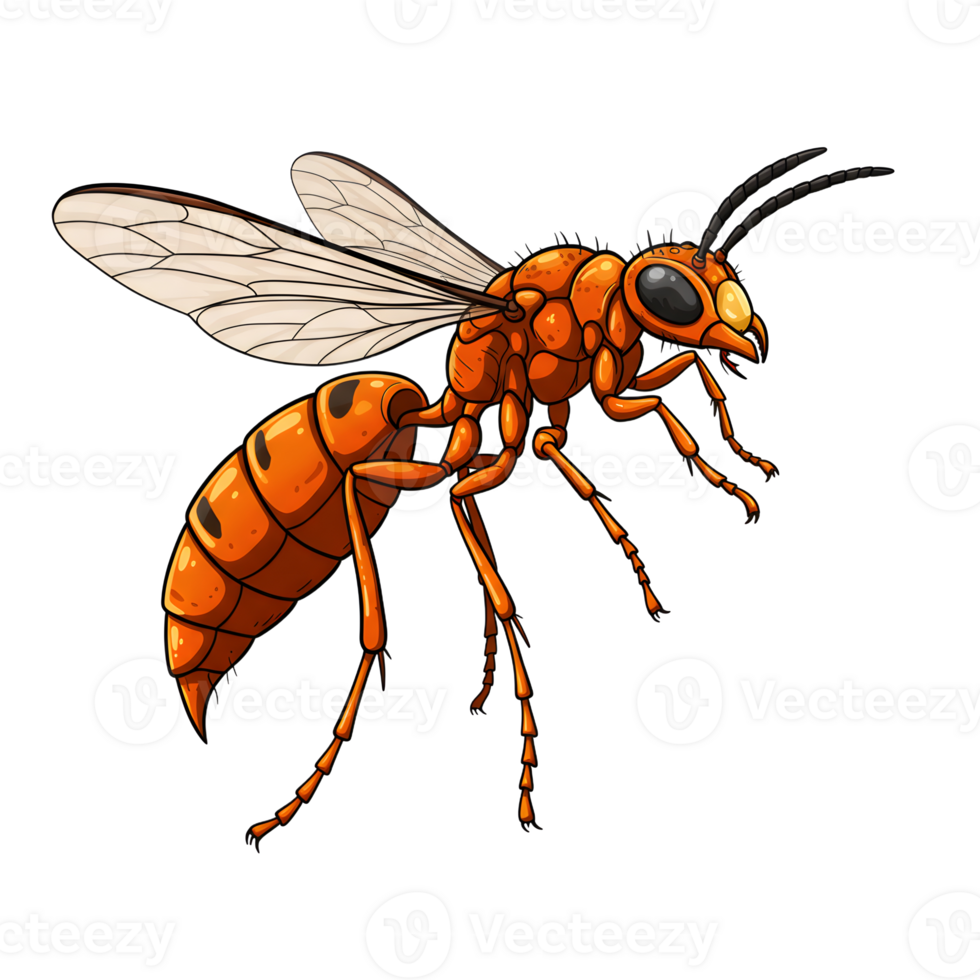 A vibrant orange wasp, rendered in a striking cartoon style, takes flight. Its intricate details and powerful pose create a captivating image. png