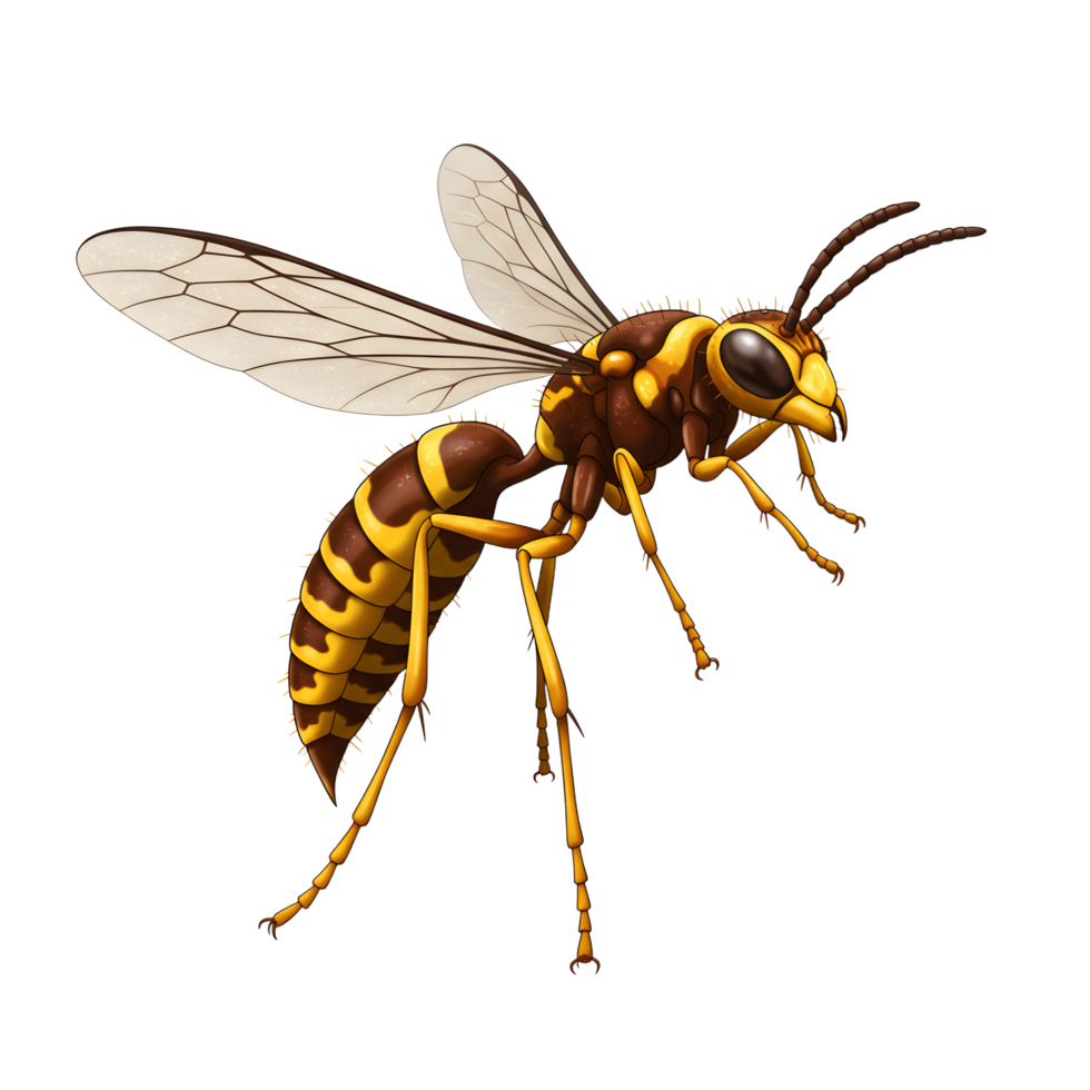 A striking close-up of a wasp, its yellow and brown stripes sharply defined against a white background. The intricate details of its wings and legs create a realistic and almost mesmerizing image. png