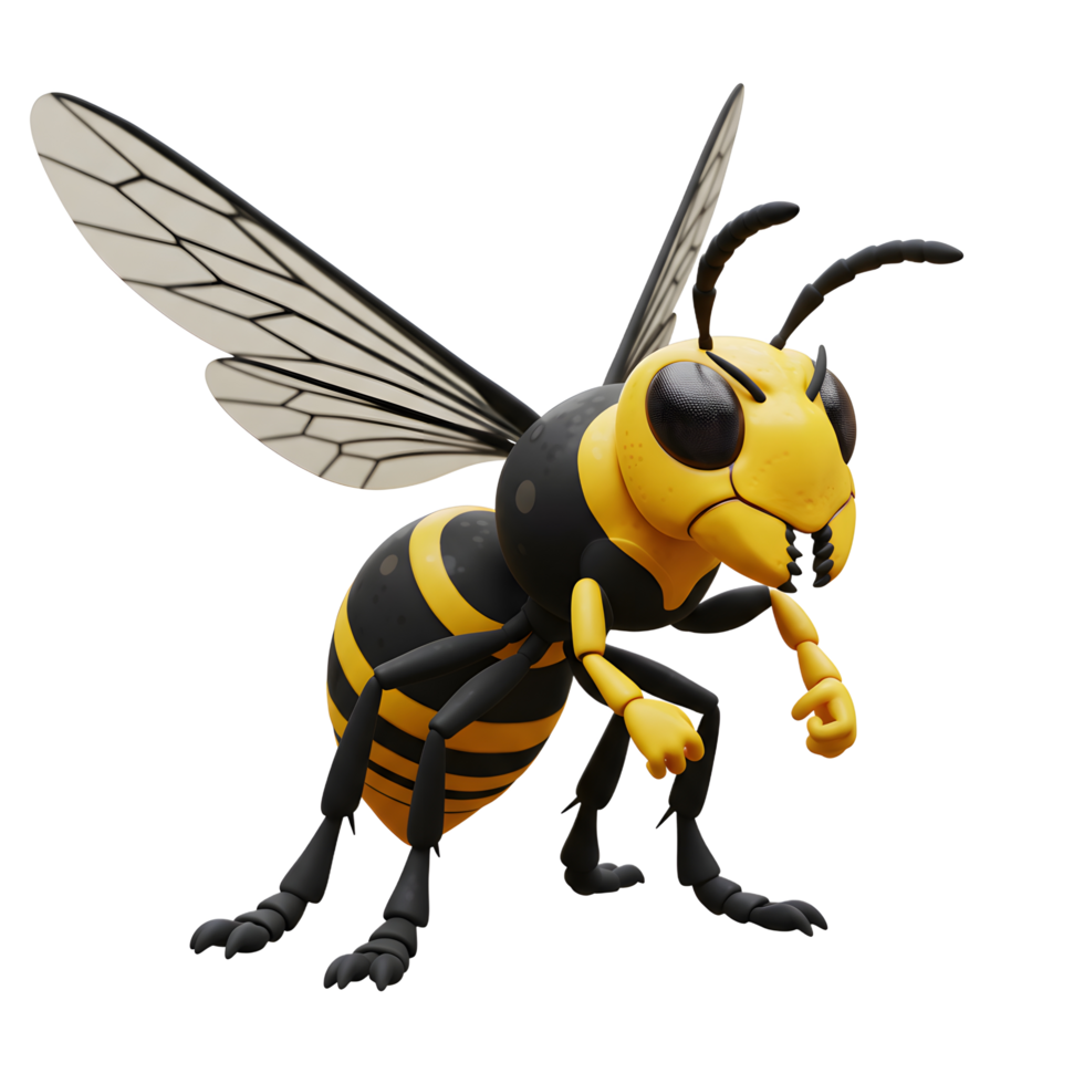 A cheerful, cartoon hornet takes center stage, its bright yellow and black stripes popping against a crisp white background. The playful 3D style gives it a friendly, almost mischievous vibe. png