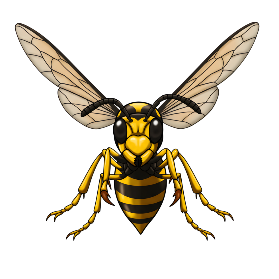 Behold this striking wasp illustration Its bold stripes and detailed wings create a captivating image. The close-up view reveals intricate details, making it both lively and intense. png