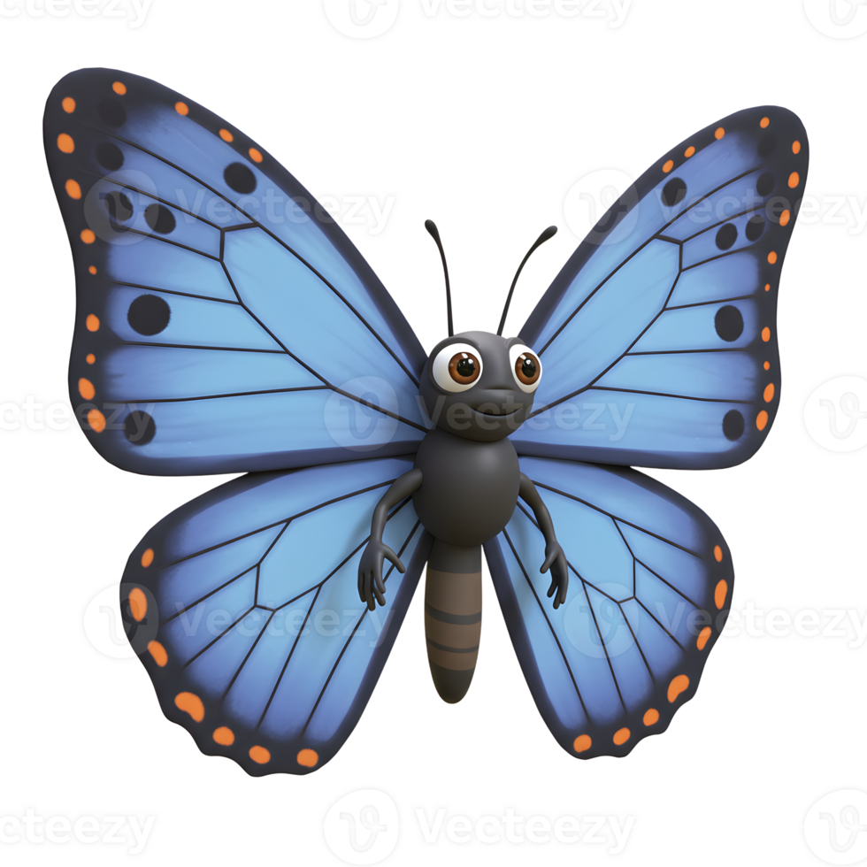 A charming cartoon butterfly with vibrant blue wings and a friendly face floats cheerfully. Its playful design and bright colors create a joyful mood. png