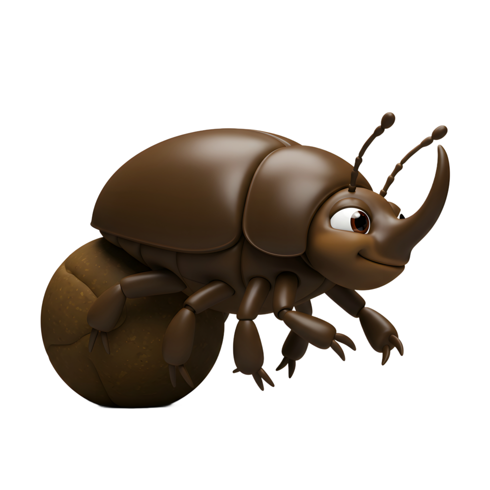 A cute, brown cartoon beetle with a charming smile pushes a large ball, creating a whimsical and joyful scene. The smooth, glossy texture adds to its appeal. png