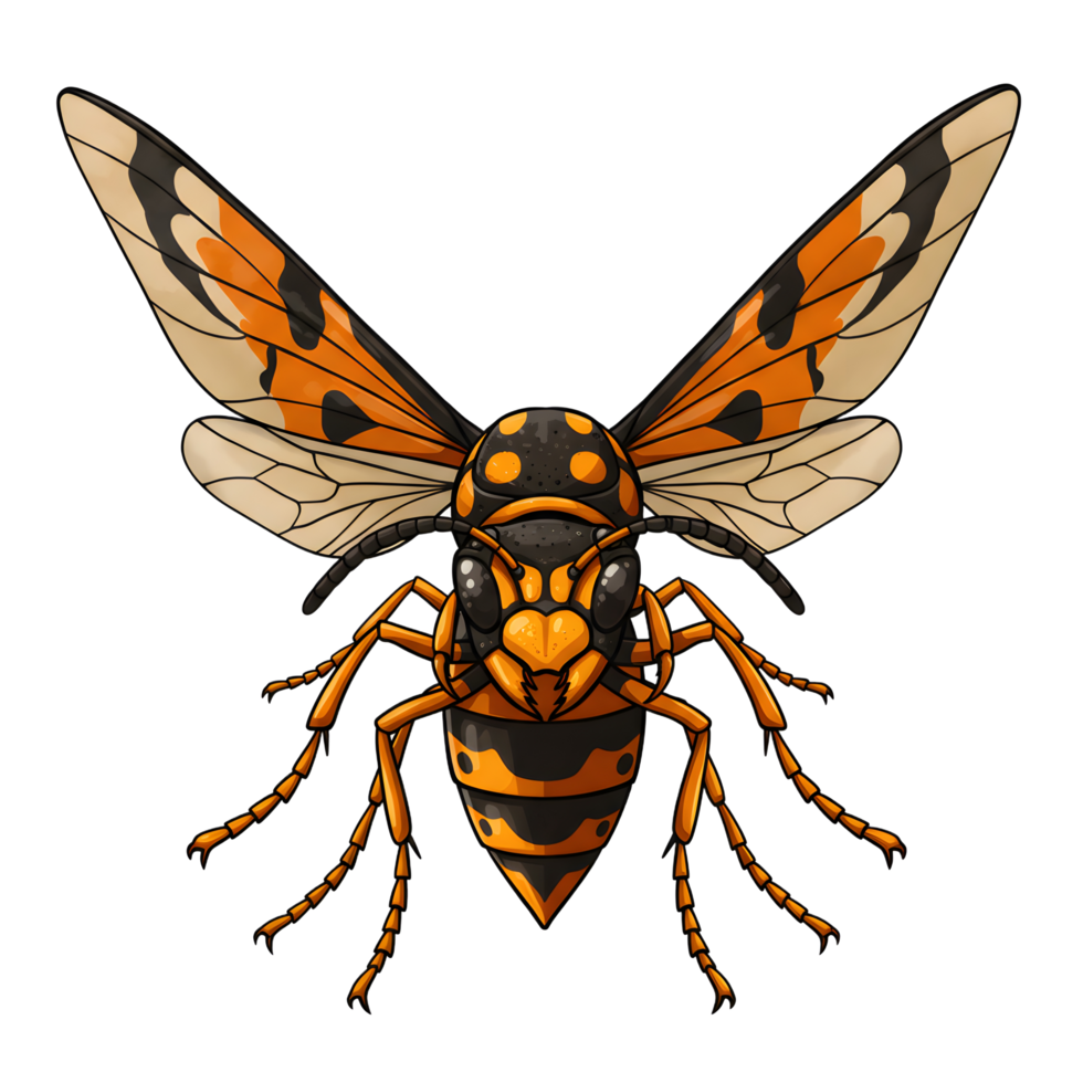 A captivating close-up of a wasp, its vibrant orange and black stripes sharply defined against a white background. The detailed wings and legs create a dramatic, vintage feel. png