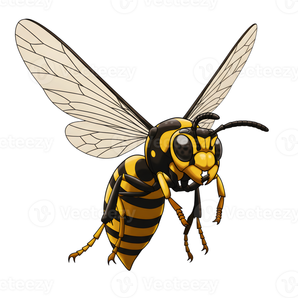 A captivating cartoon wasp soars, its yellow and black stripes vivid against a white background. Intricate wing detail and a lively pose create a dynamic, almost playful mood. png