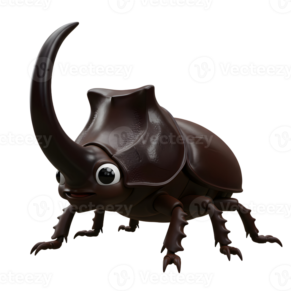 A cute, cartoon rhinoceros beetle smiles broadly, its large horn curving upwards. Dark brown, shiny carapace big, expressive eyes. Whimsical and friendly png