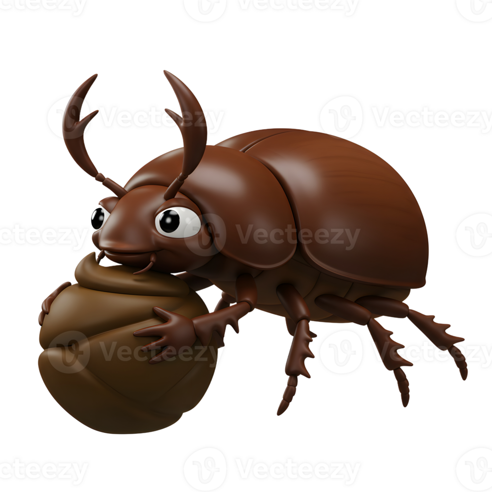 A cute, cartoon dung beetle happily clutches a round ball of dung. Its glossy brown shell and big eyes create a charming, playful mood. A fun 3D illustration png