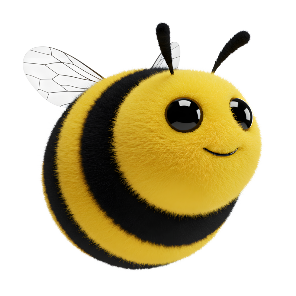 A cute, fuzzy bumblebee smiles sweetly, its big eyes and striped body creating a charming and playful image. The soft texture and cheerful expression evoke a warm, happy mood. png
