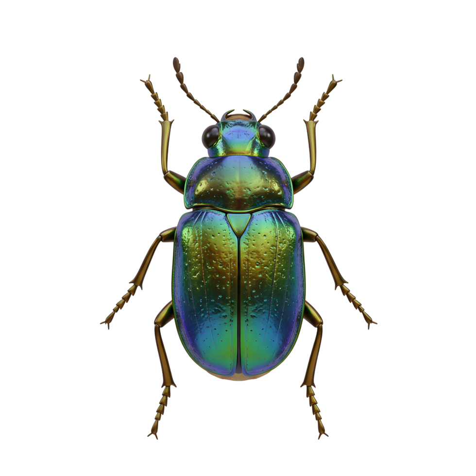 Behold this stunning beetle Its vibrant, iridescent shell shimmers with teal and gold, a captivating sight against a stark white background. Intricate details are beautifully highlighted. png