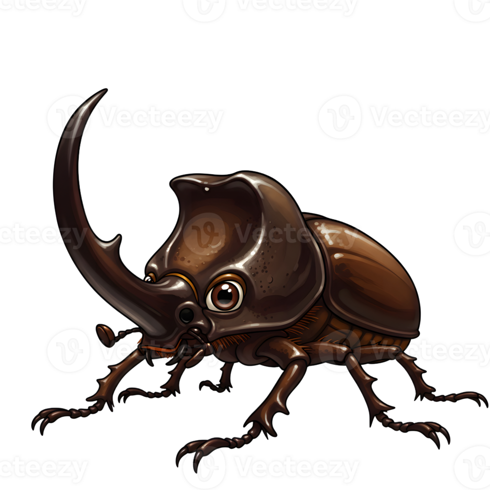 A captivating illustration of a rhinoceros beetle, its dark brown shell gleaming, large horn curved elegantly. Intriguing details and a friendly expression create a whimsical mood. png