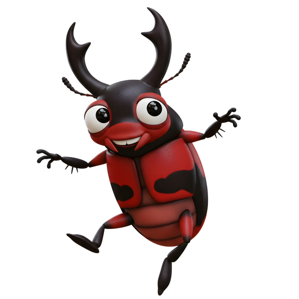 A charming cartoon beetle leaps joyfully, its vibrant red and black shell gleaming. Big eyes and a happy smile radiate pure fun png