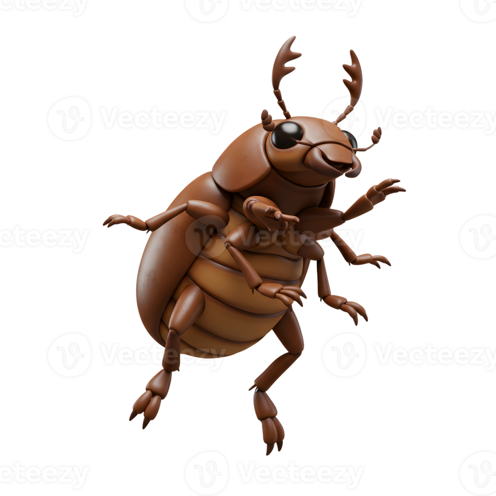 A charming, cartoon-style brown beetle leaps into action Its segmented body and playful pose create a fun, lighthearted mood. png