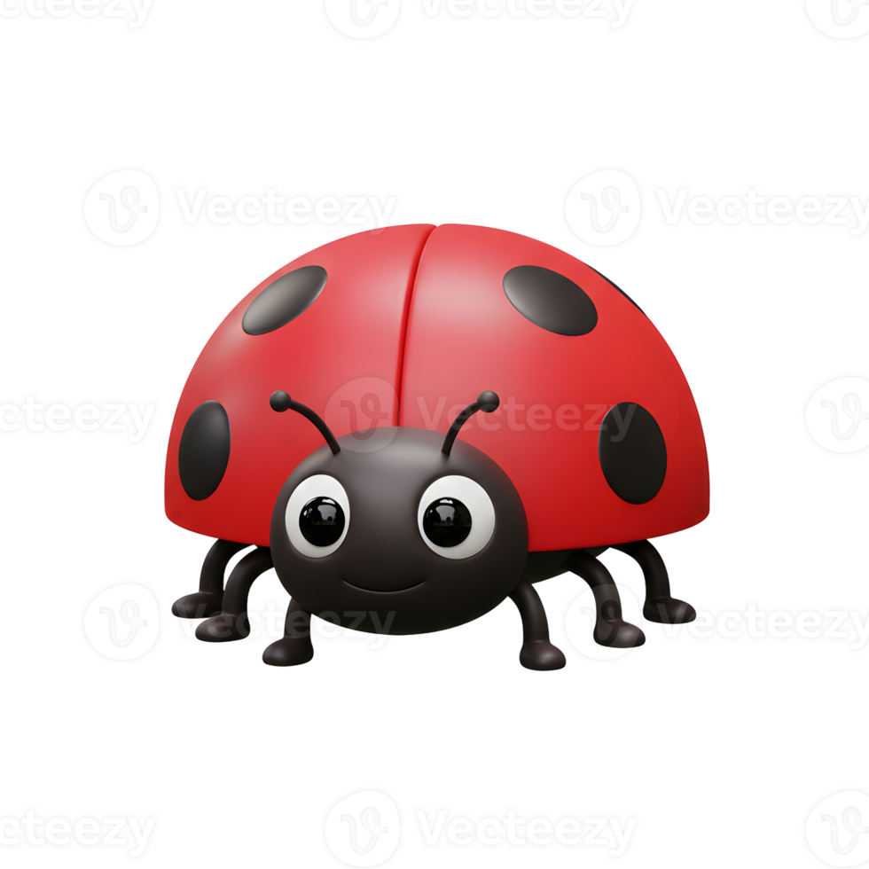 A charming 3D cartoon ladybug smiles, its shiny red shell dotted with black, against a bright white background. Joyful and friendly png