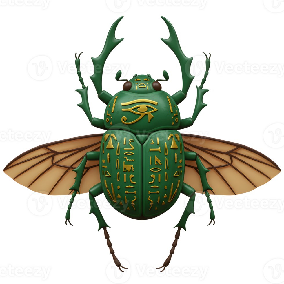 A majestic green scarab beetle, adorned with gold hieroglyphs and the Eye of Horus, takes flight. Its detailed wings and mystical markings create a captivating, ancient image. png