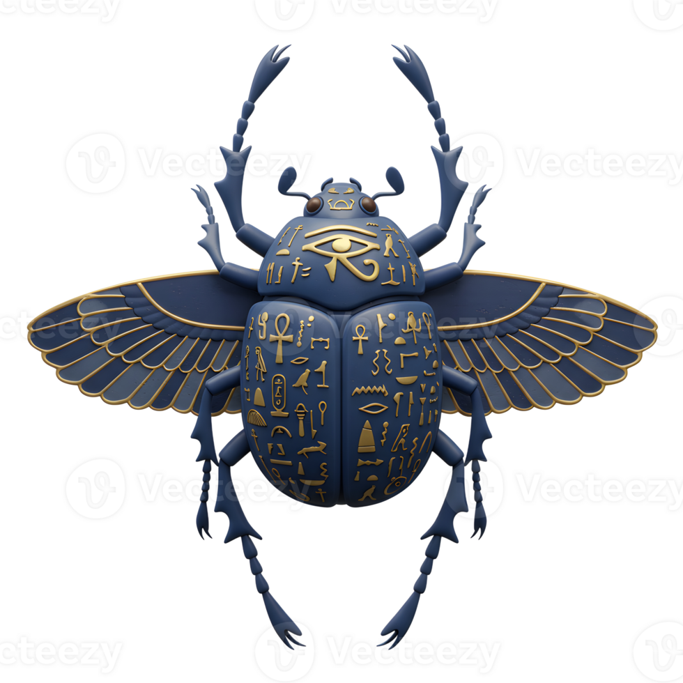 A majestic scarab beetle, rendered in elegant blue and gold, showcases intricate hieroglyphs. Its outstretched wings and regal pose create a sophisticated, mystical atmosphere. png