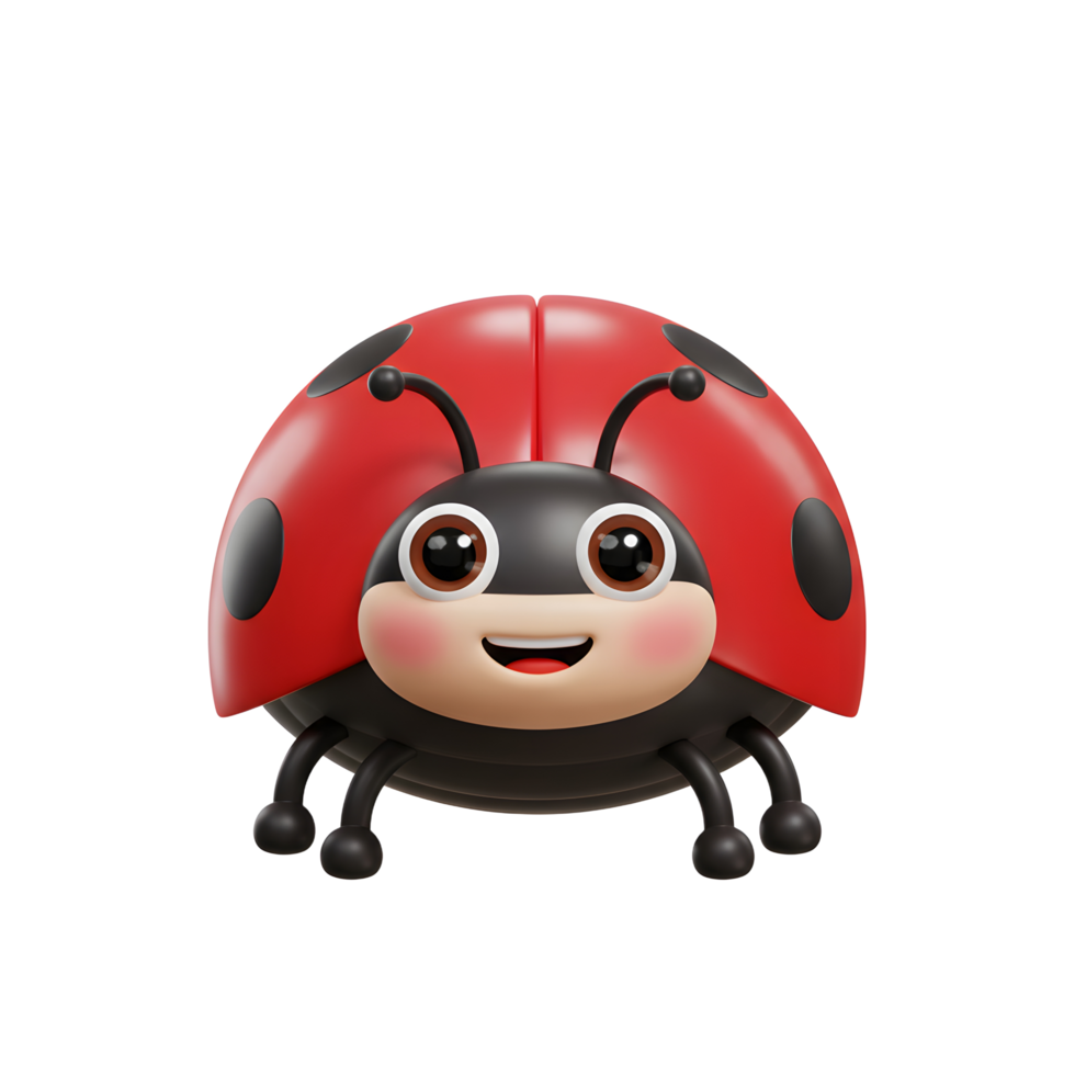 A cute, smiling ladybug with big eyes beams cheerfully. Its shiny red shell and tiny legs create a delightful, whimsical 3D cartoon character. png