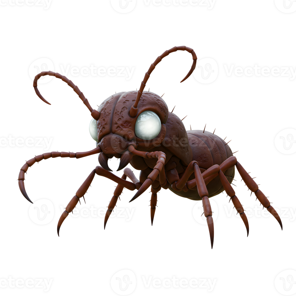 A charming cartoon ant, rendered in dark brown with large, expressive eyes, stands poised, creating a whimsical, slightly mischievous mood. png