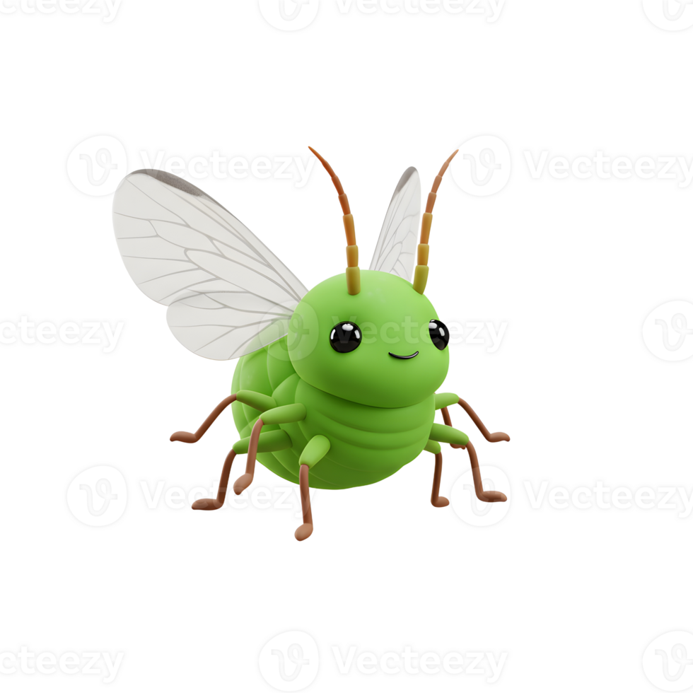 Meet this charming, cartoonish green insect Its translucent wings and cute face create a whimsical, delightful image. png