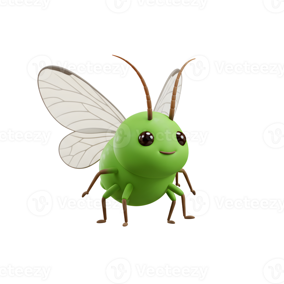 A cute, green insect with translucent wings smiles gently. Its cheerful expression and soft colors create a heartwarming, whimsical mood. png