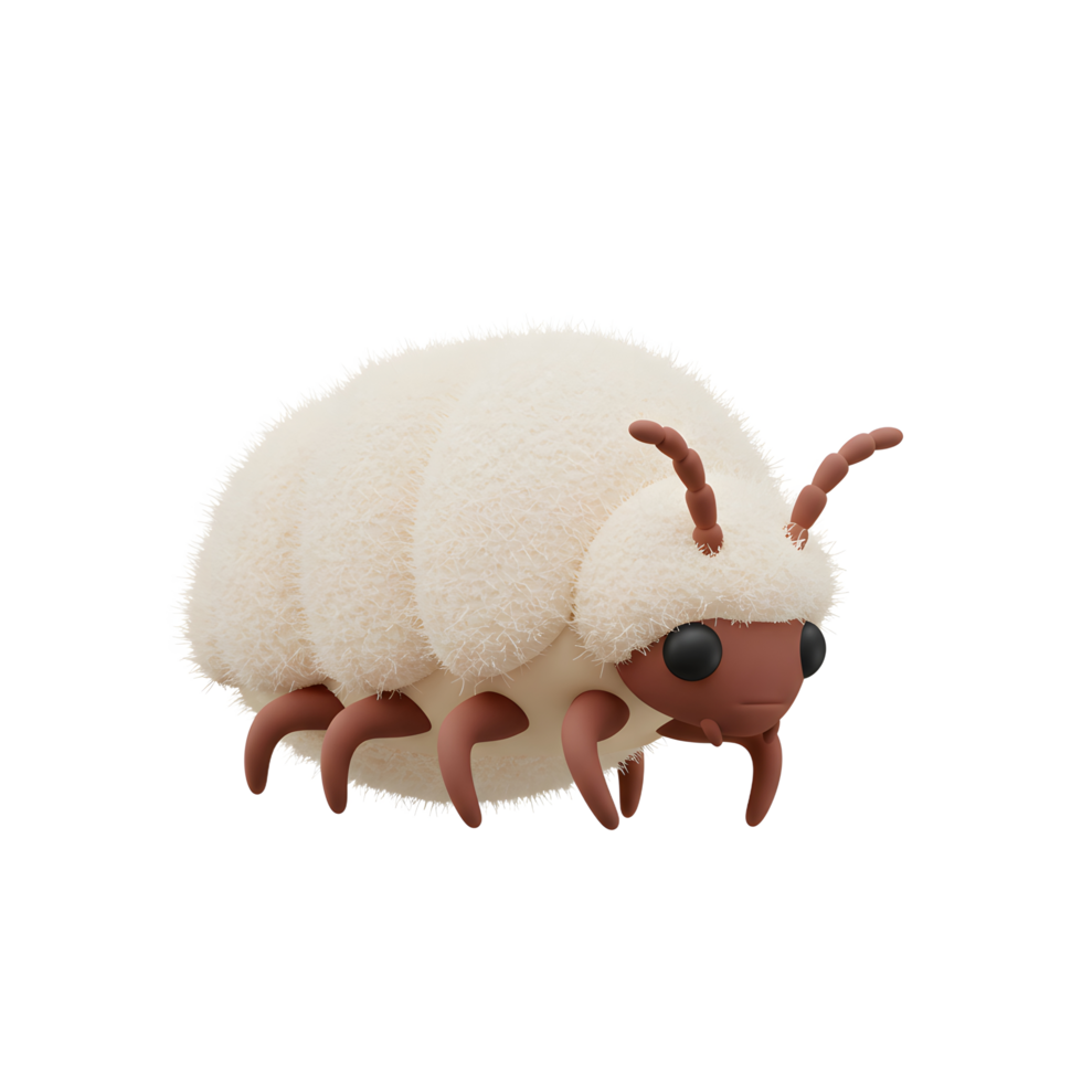 Behold a charming, fluffy white isopod Its soft, textured body and adorable brown legs create a unique and endearing 3D rendering. A whimsical creature full of character. png
