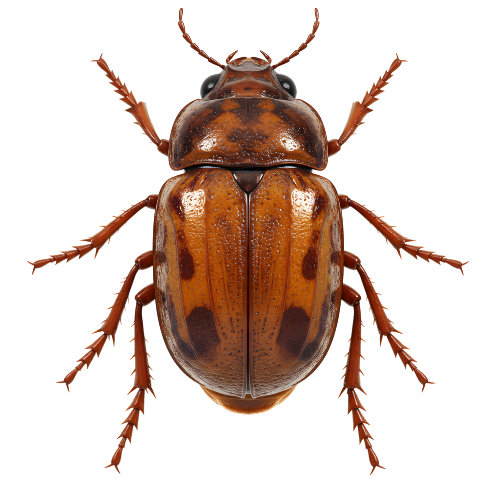 Behold this captivating beetle Its vibrant orange shell, detailed markings, and spiky legs create a mesmerizing natural study. The rich color and sharp focus capture its intricate beauty. png