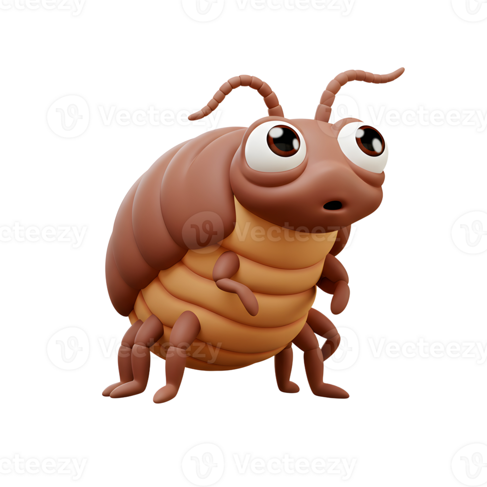 A cute, cartoon pillbug looks surprised Its brown segmented body and big eyes create a charming, whimsical image. png