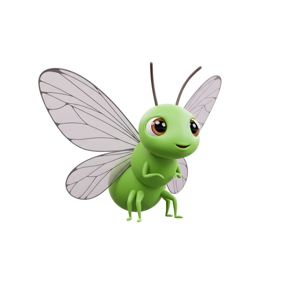A cute, green insect with large, translucent wings looks inquisitively. Its cheerful expression and soft colors create a sweet, whimsical mood. png
