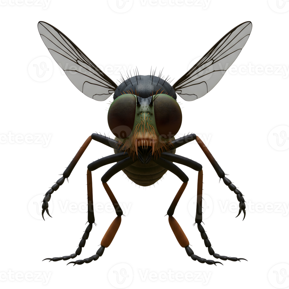 A menacing fly stares directly ahead, its large eyes and sharp mandibles creating a sense of unease. The intricate details and dark tones evoke a foreboding mood. png