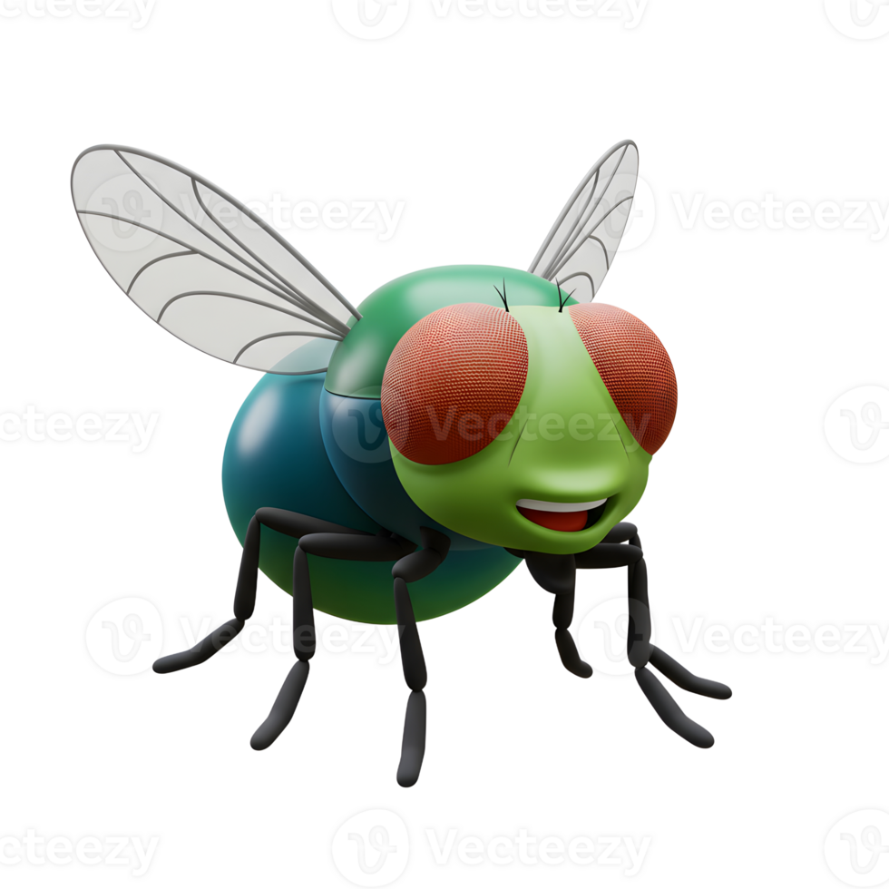 Meet this charming, 3D-rendered cartoon fly Its bright green and teal body, large red eyes, and playful smile create a joyful and whimsical mood. A fun, friendly insect png