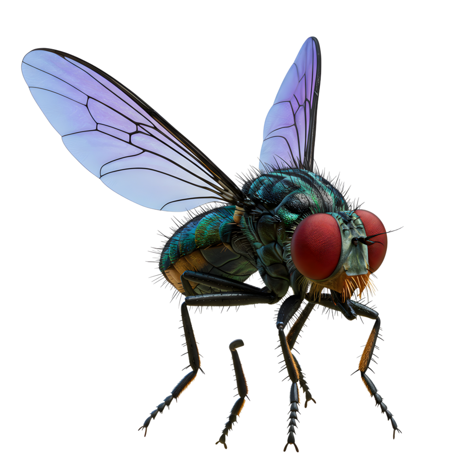 A striking image showcases a detailed green fly, its iridescent wings catching the light. The fly's red eyes and spiny legs are captivating. A close-up, highly detailed image. png
