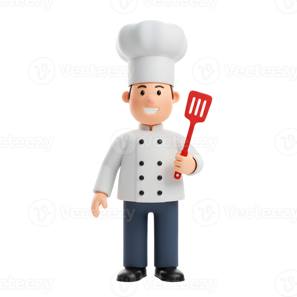 A friendly cartoon chef, beaming in his pristine white uniform, holds a red spatula. The cheerful image evokes a fun, welcoming mood, perfect for food-related projects. png
