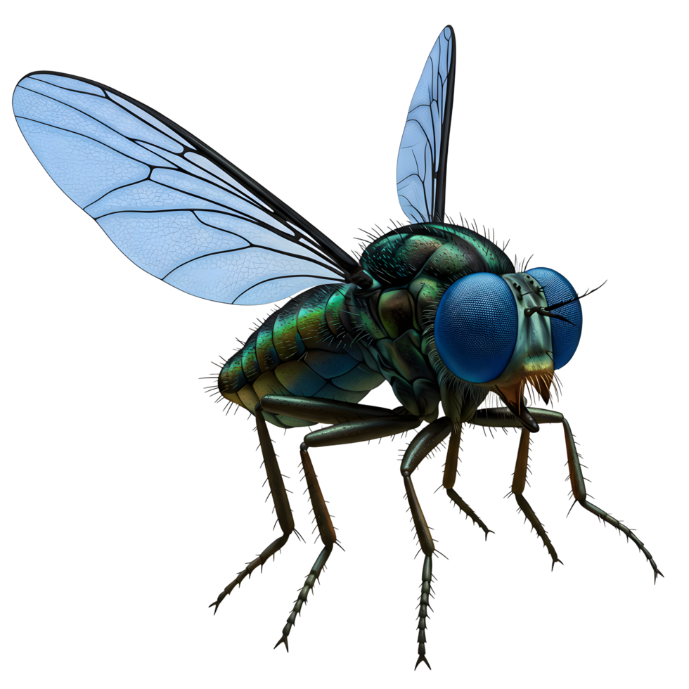 A striking close-up reveals a fly's iridescent green body and captivating sapphire eyes. Intricate details highlight its texture and form, creating a dramatic, almost jewel-like effect. png